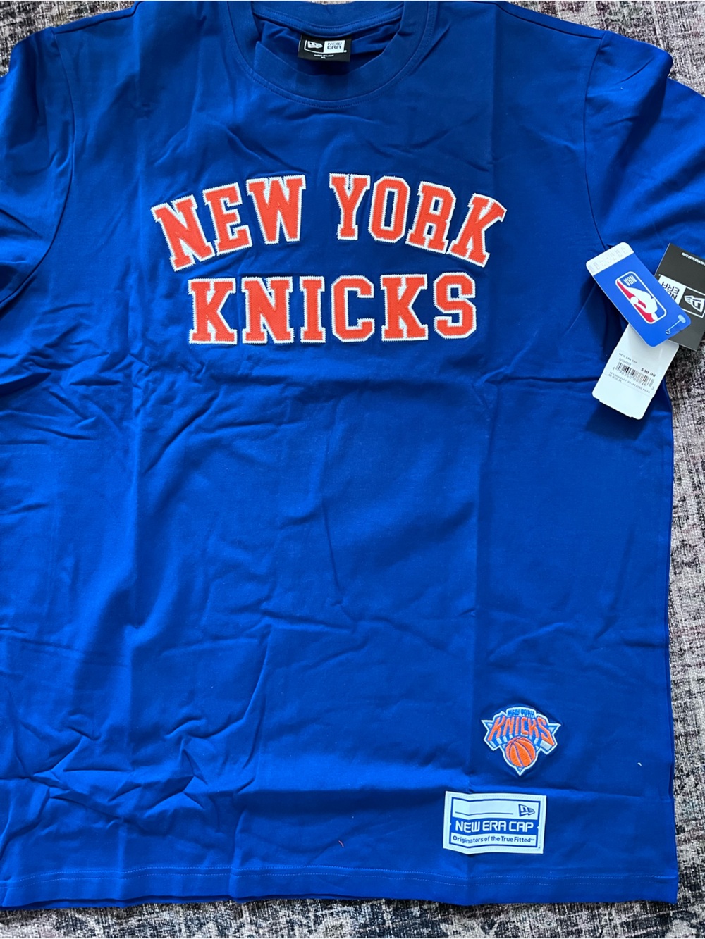 New Era Blue New York Knicks Short Sleeve Tee with Orange Lettering